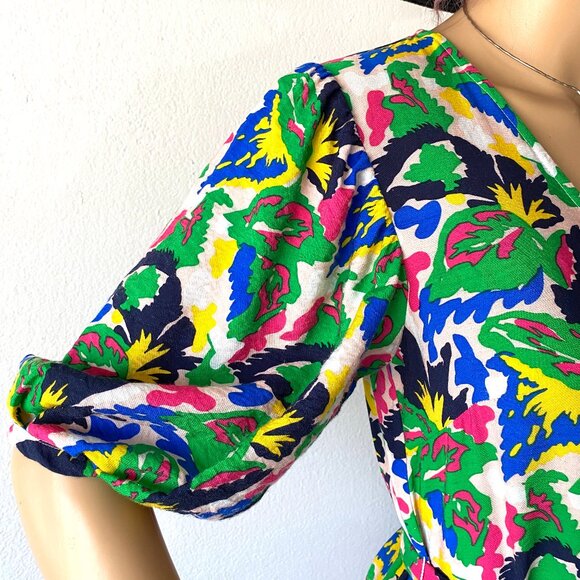 XS Summer Dress Ruffled Tiered Skirt Puffed Sleeves Colorful Abstract Botanical - Picture 3 of 9